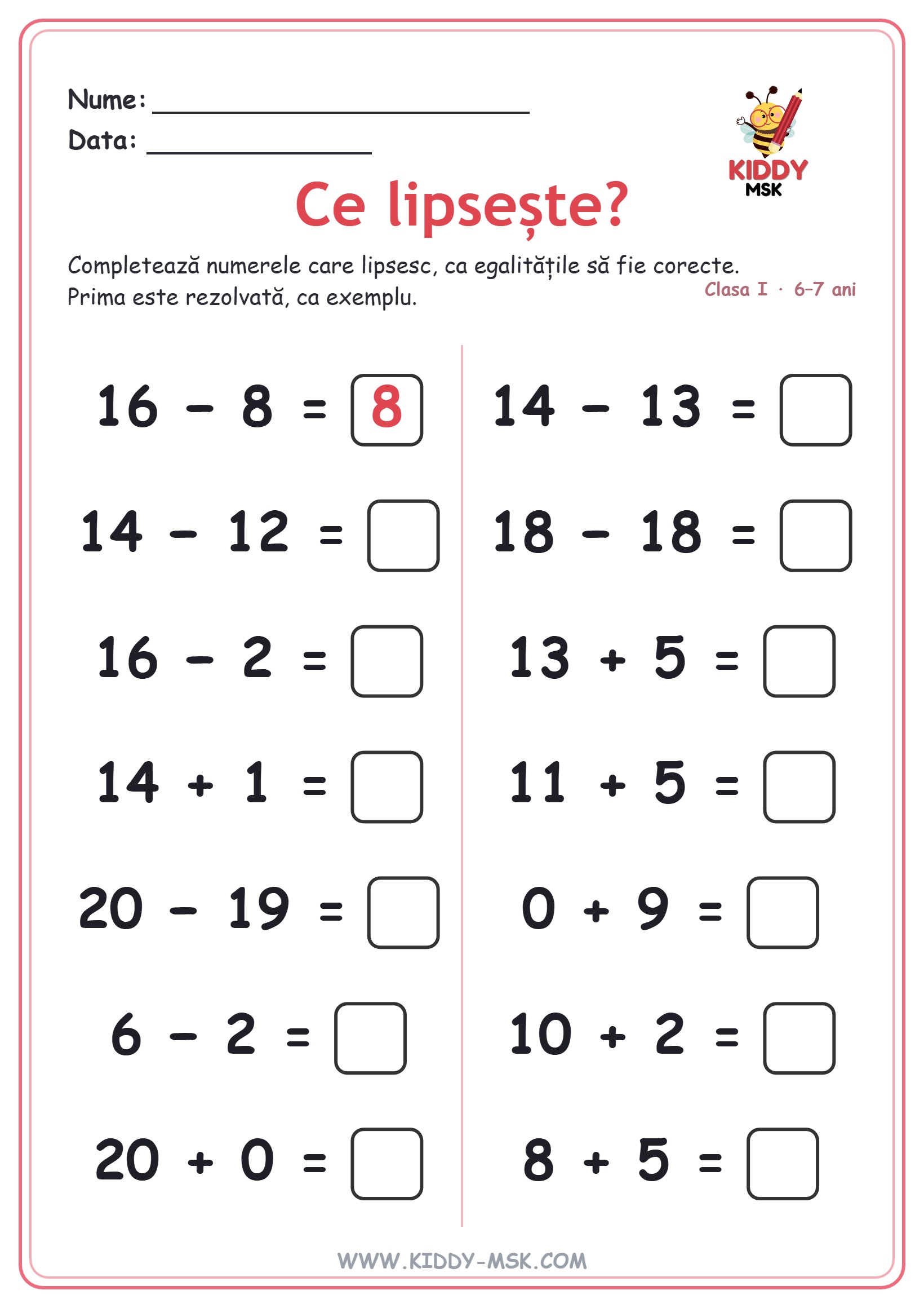 Ce lipsește? — operații până la 20 — prima pagină